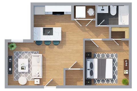 Floor plan for 1 bed, 1 bath, 634 sqft